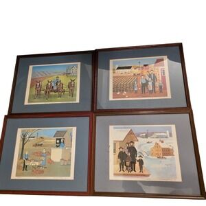 Constantine Kermes Amish Folk Art Numbered Prints Set of 4 Seaons Framed 1980s